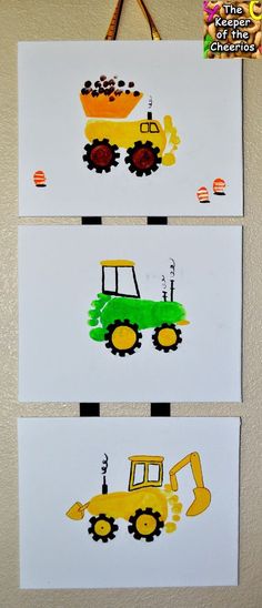 three pictures with construction vehicles painted on them