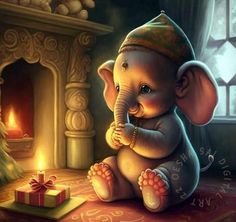 an elephant is sitting in front of a christmas tree with a lit candle on it