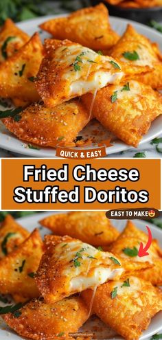 fried cheese stuffed doritos on a white plate with the title overlay that reads quick and easy