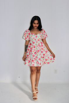 Floral puff sleeve babydoll mini dress Sweetheart neckline Short puff sleeves Ruffle hem Smocked elastic back Pockets Non-sheer Non-stretching Fit: True to size SIZE CHART (Measured in inches) Size Fits Like Length Bust Small 2/4 Medium 6 Large 8/10 Model Specs Arzoo is wearing a SMALL. Height: 5'4 Size: 2/4 Spring Floral Mini Dress With Smocked Back, Fitted Floral Print Smocked Mini Dress, Flirty Floral Print Mini Puff Sleeve Dress, Spring Floral Print Smocked Mini Dress, Daywear Floral Print Smocked Mini Dress, Flat Sneakers, Knitting Materials, Sneaker Heels, Ruffle Hem