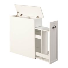 a white cabinet with an open door and two drawers on the bottom, in front of a white background