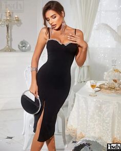 Fisdy - Muslo partido Decoración de diamantes de imitación Vestido de longitud media Split Thigh Dress, Rhinestone Dress, Rhinestone Decor, Mid Length Dresses, Sweetheart Neck, Dress Size Chart, Olivia Mark, Mid Length, Sleeveless Formal Dress