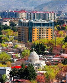 the city is surrounded by tall buildings and mountains in the distance, with trees on both sides