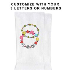 Channel your inner TS style with our Eras Tour-inspired socks—an absolute delight for every Swiftie! You can personalize the bracelet beads with your own letters or numbers, making each pair uniquely yours. Collect a pair or two for a mix-and-match sock exchange with friends—celebrate your love for Taylor Swift in style and share the joy!Available in 3 standard sizes - Please see the sizing chart in the product images for details.Cotton blend socks with a 1/2 cushion sole, ribbed leg, and comfort toe seam.- Machine wash warm, tumble dry warm. Do not use bleach products as this may cause the design to fade. Socks are sold by the pair.- Each order is hand processed in the USA and our socks are imported and made to our specifications. We're a women owned business too! - We use a patented prin