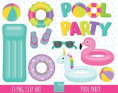 the pool party clip art includes flamingos, inflatable floats and swimming rings