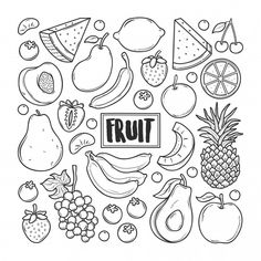 the word fruit surrounded by fruits and vegetables