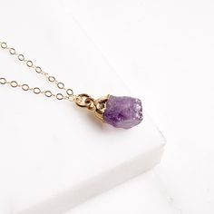 "February Birthstone - Natural raw amethyst chunk - February birthstone necklace - amethyst necklace - raw amethyst pendant - Mother's Day From our collection of natural raw birthstone necklaces. The Amethyst is February's birthstone. Because of the natural raw origin of our stones, all these necklaces are unique and the shape and size of the stone will vary slightly from the one in the photos. Necklaces comes in a gift box and also includes the Amethyst info card with properties of the stone th Chrysoprase Necklace, February Birthstone Necklace, Lapis Lazuli Jewelry, Raw Amethyst, Amethyst Pendant, Amethyst Necklace, Colourful Necklace, February Birth Stone, Amethyst Stone