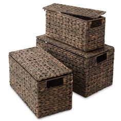 three brown baskets stacked on top of each other