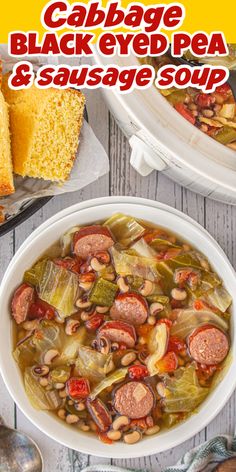 two bowls of cabbage, black eyed pea and sausage soup with bread on the side