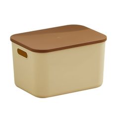 a brown and white storage box on a white background