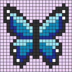 an image of a blue butterfly made out of squares on a purple background with black and white dots