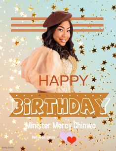 a woman wearing a hat and dress standing in front of stars with the words happy birthday, mister leroy chinwo