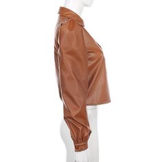 FREE SHIPPING Luxury Vintage Leather Blouse JKP4460 Fitted Brown V-neck Outerwear, Slim Fit Blouse With Buttons For Fall, Fall Office Blouse Slim Fit, Fitted Tops For Office In Fall, Fall Office Slim Fit Blouse, Slim Fit Blouse For Office In Fall, Fitted Brown Blouse For Winter, Fitted Brown Winter Blouse, Brown Fall Tops For Office