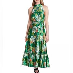 This Dress Is Even More Gorgeous In Person. Featuring Tropical Print With A Ruffle Hem And Mock Neckline. The Dress Ties At The Back On The Top And At The Waist. Never Been Worn! Fitted Green Maxi Dress For Holiday, Elegant Tropical Print Midi Dress, Green Floral Print Holiday Dress, Holiday Green Floral Print Dress, Green Sleeveless Midi Dress With Tropical Print, Elegant Sleeveless Dress With Tropical Print, Green Tropical Print Dress For Holiday, A Line Maxi Dress, Mock Neckline