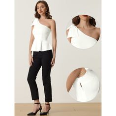 If you're looking for a stylish and feminine top that can be worn for almost any occasion, you might want to consider this peplum top. With its one-shoulder design, self-bow shoulder, ruffle hem, and peplum style, this top is both unique and flattering. The one-shoulder design accentuates your collarbone and adds a touch of elegance to your look, while the peplum style and ruffle hem create a flattering silhouette. This top is versatile enough to be worn for daily wear, casual outings, work, off Elegant Tops With Ruffles And Asymmetrical Neckline, Feminine One-shoulder Top For Day Out, Feminine One Shoulder Top For Day Out, Feminine Tops With Asymmetrical Neckline For Summer, Feminine Summer Top With Asymmetrical Neckline, White One-shoulder Feminine Top, Feminine Summer Tops With Asymmetrical Neckline, Summer Tops With Ruffles And Asymmetrical Neckline, Feminine One Shoulder Top For Brunch