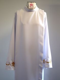 Clergy Vestment Custom made to fit. - there is embroidery designs on the front on the bottom front and back. And both sleeves. All embroidery are on white color to make them easy to wear all year long. But they can be changed if requested. Measurements are 100% custom to fit. We will be more than happy to work with you to ensure your needs are meet. Fitted White Tops With Machine Embroidery, Fitted White Top With Machine Embroidery, White Fitted Top With Machine Embroidery, Heart Sign, Custom Shirts, White Color, To Work, Embroidery Designs, Custom Made