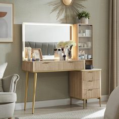 a desk with a mirror, vases and other items on it in a room