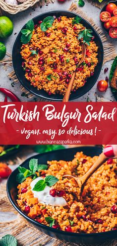 two pans filled with food and the title reads, turkish bulgurrat vegan