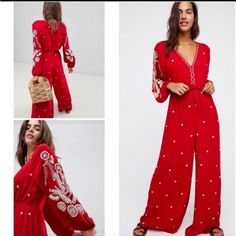 Free People Small Jumpsuit Red With White Embroidery No Tags But Never Worn Festive Embroidered Fitted Jumpsuits And Rompers, Fitted Embroidered Jumpsuit For Festive Occasions, Embroidered Fitted Jumpsuits And Rompers For Festive Occasions, Fitted Jumpsuits And Rompers For Festive Summer, Fitted Jumpsuits And Rompers For Summer Festivals, Red Long Sleeve Jumpsuits And Rompers For Summer, Red Long Sleeve Jumpsuits For Summer, Embroidered Jumpsuits And Rompers For Summer Parties, Embroidered Jumpsuit