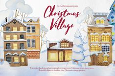 a watercolor christmas village scene with houses and trees