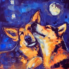 a painting of a dog sleeping in the moonlight with its head on another dog's back