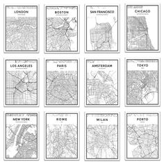 six maps of the city of new york, boston, san francisco, and los angeles