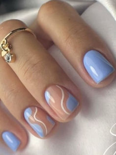 short summer nails: light blue nails with swirls Nails For Super Short Nails, Mylee Gel Nail Designs, Short Modern French Nails, Two Color Nail Design Simple, Short Nail Designs For Graduation, Mail Polish Ideas Short Nails, Cute Short Squoval Nails, Nail Ideas Very Short, Two Different Nails On Each Hand