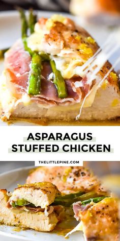 asparagus stuffed chicken on a white plate with the title above it reads, asparagus stuffed chicken