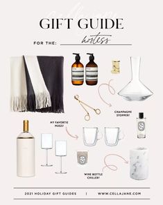 the gift guide for the hostess is shown in white and black, with gold accents