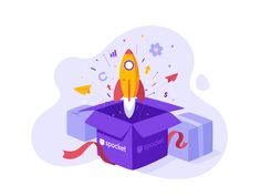 a rocket ship in a purple box with red ribbon around it and the words social media on