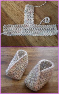 crocheted baby booties are sitting on the floor next to a pair of shoes