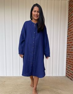 Relax in style with the Aura shirtdress, a unique take on traditional loungewear. Made from breathable double gauze cotton, it's perfect for casual wear out, at home, or even as a beach coverup. The button-down design adds a touch of style and versatility to your wardrobe, ensuring comfort and convenience as you go about your day. Bohemian Blue Shirt Dress For Summer, Blue Casual Tunic With Relaxed Fit, Blue Bohemian Tunic For Daywear, Cotton Relaxed Fit Shirt Dress For Loungewear, Blue Relaxed Fit Shirt Dress For Vacation, Bohemian Shirt Dress For Daywear, Bohemian Shirt Dress With Buttons, Casual Blue Linen Dress For Daywear, Casual Blue Linen Dress For Day Wear