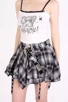 black and white plaid asymmetric mini skirt, plaid short skirt, grunge outfits, grunge clothes Edgy Plaid Mini Skirt, Edgy Fitted Plaid Skirt, Skirt Grunge Outfits, Indie Skirts, Plaid Short Skirt, Aesthetic Skirts, Outfit Ideas Skirt, Mini Skirt Plaid, Skirt Grunge