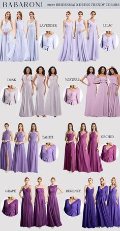 the different types of bridesmaid gowns are shown in this image, and there is