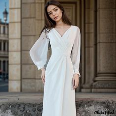 Olivia Mark - Elegant White Long-sleeved Formal Host Evening Gown White Long Sleeve Formal Maxi Dress, White Long Sleeve Maxi Dress For Formal Occasions, White Long Sleeve Maxi Dress For Banquet, White Long Sleeve Banquet Dress, White Long Sleeve Dress For Banquet, Long Sleeve Gown For Spring Bridesmaid, White Evening Gown, Dresses For Formal Events, Gown With Long Sleeves