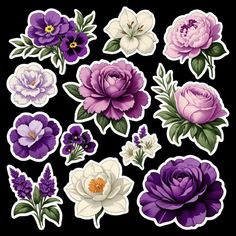 purple and white flowers stickers on a black background