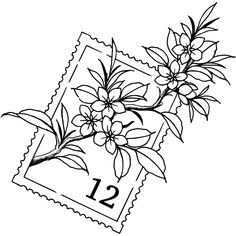 a stamp with flowers on it and the number twelve is drawn in black and white