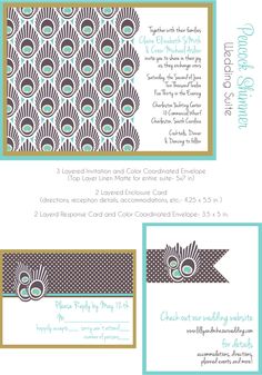 the back and side of a wedding card with peacocks on it, in teal blue