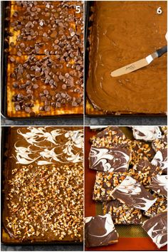 four pictures showing how to make chocolate caramel bars