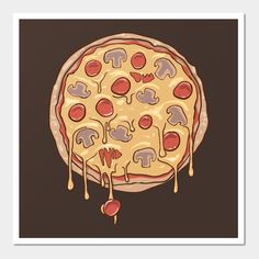 a piece of pizza with toppings on it and dripping from the top, in front of a black background