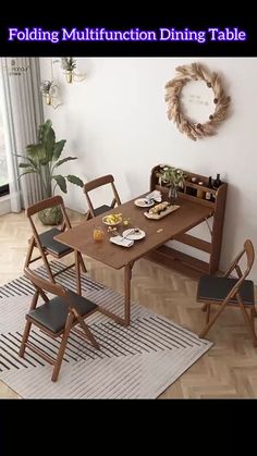 a dining table and chairs in a room