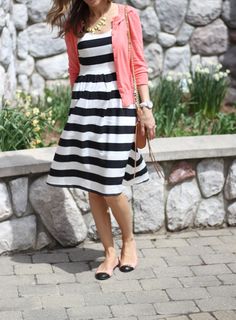 Love the fit of this dress, and with the colored cardigan | Lillys Style Striped Midi Dress Outfit, Bright Cardigan, Colorful Cardigan, Midi Dress Outfit, Dress Cardigan, Colored Cardigans, Striped Midi Dress, Pink Cardigan, Pretty Dress