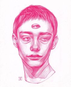 a drawing of a man's face is shown in pink ink on white paper