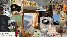 collage of photos with words and images about dior, including an airplane window