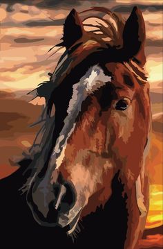 a painting of a horse in the sunset