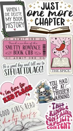 some stickers that are on the side of a book page with words and pictures