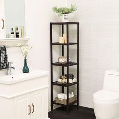 a bathroom with a toilet, sink and shelving unit