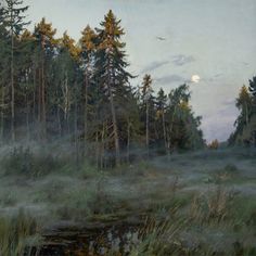 an oil painting of trees and water in the foggy forest with a bird flying overhead