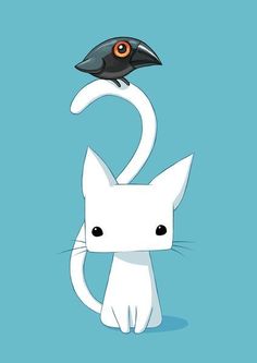 a white cat with a black bird on its head