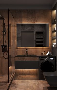 a bathroom with a sink, mirror and bathtub in it's center area